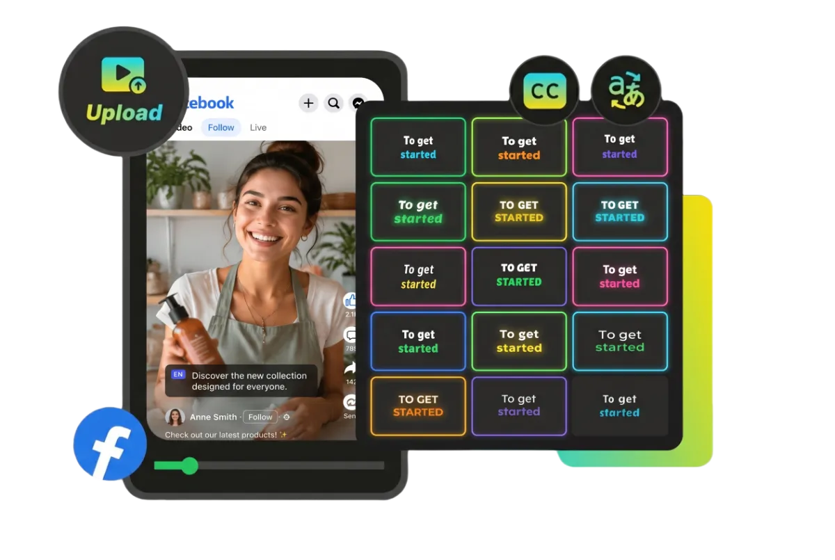 Multilingual subtitles displayed on Facebook videos with translated captions in multiple languages